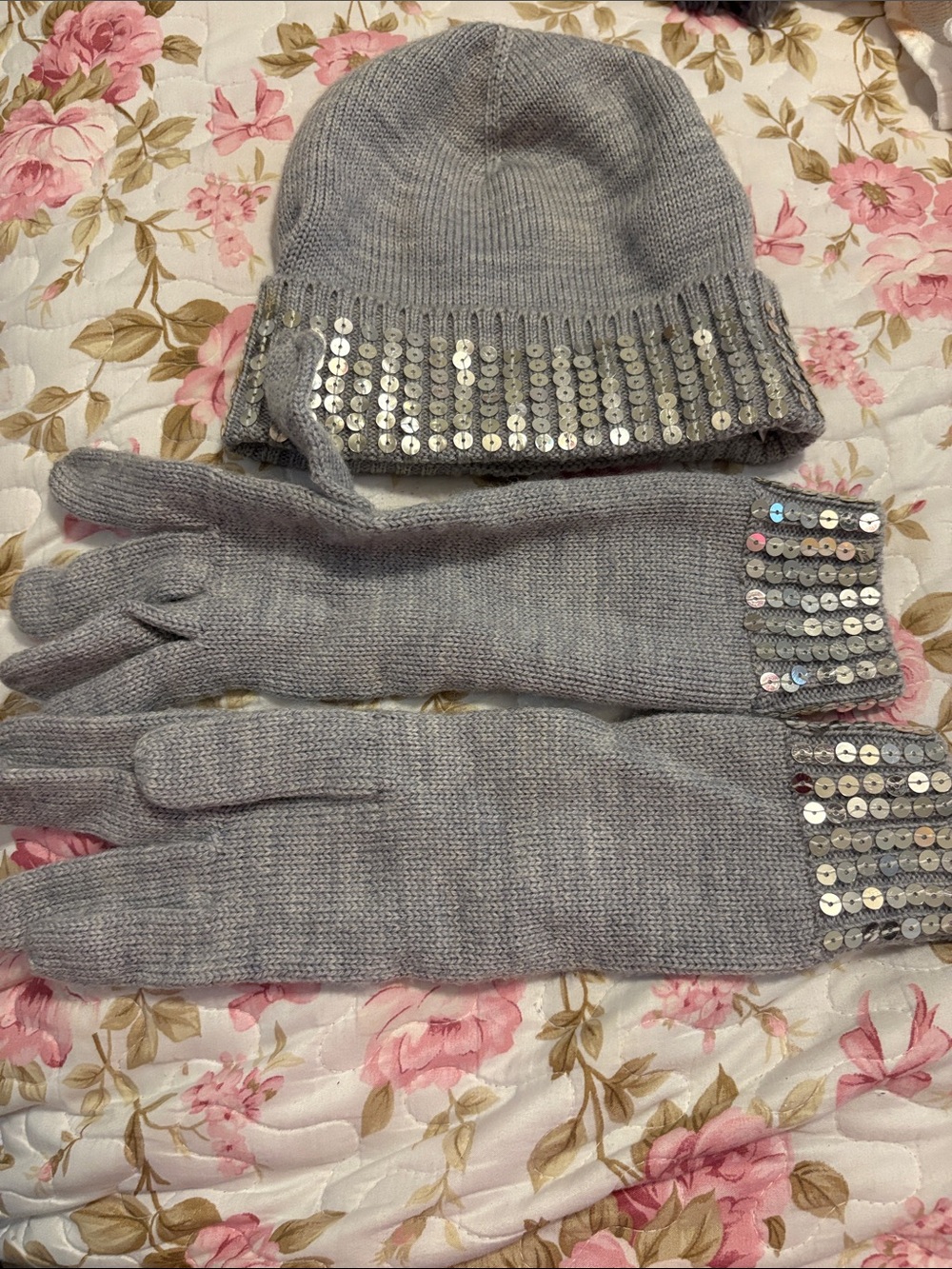 Michael Michael Kors- Sequin Trim Knit Beanie and Gloves Set